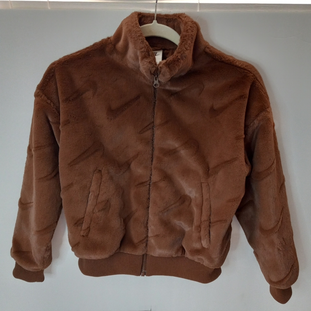 Nike Swoosh Brown Sportswear Faux Fur Plush Trend Jacket